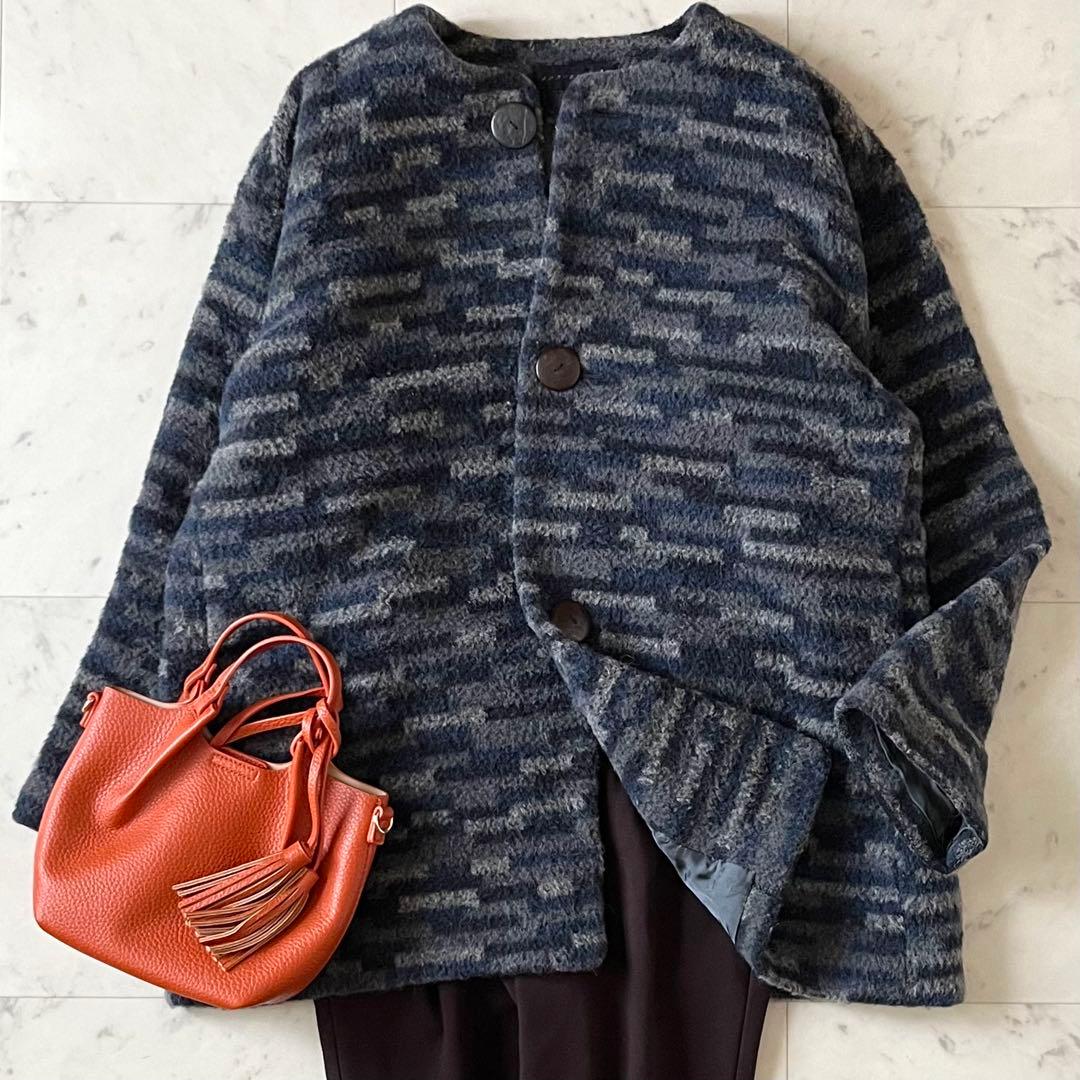 美品＊ヨーガンレール アルパカ混ウールハーフコート M 総柄 ノーカラー 長袖