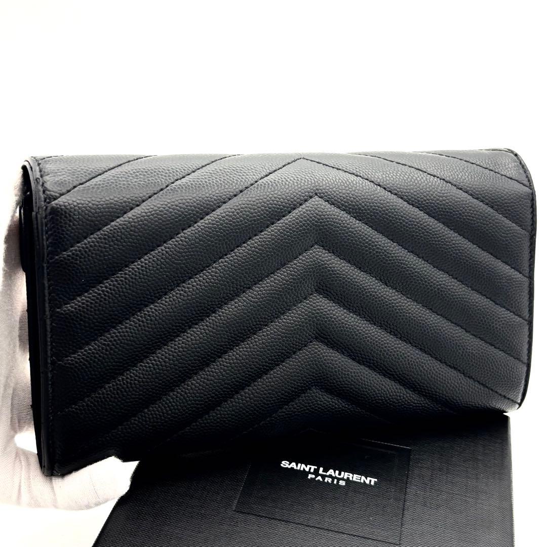 ☆美品☆箱付☆サンローラン 二つ折り長財布 Vステッチ キャビアスキン ブラック