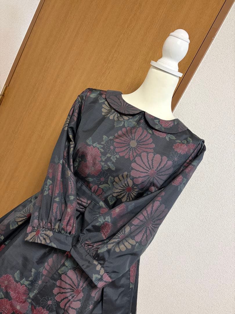 着物リメイク♪ 大島紬　ふんわりワンピース　花模様♪ 総裏地付　MーL