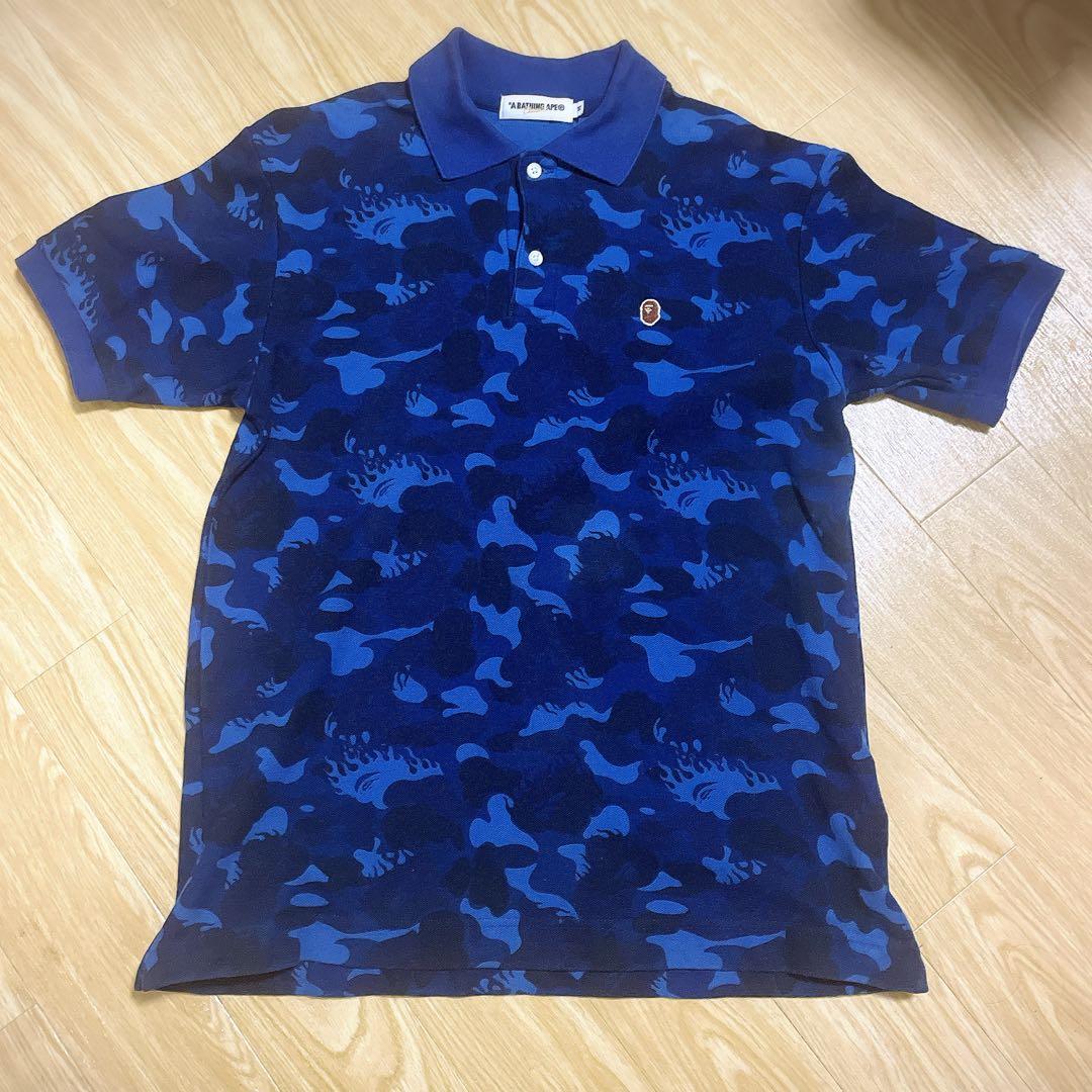 A BATHING APE ネイビー ファイヤーカモ ポロシャツ M