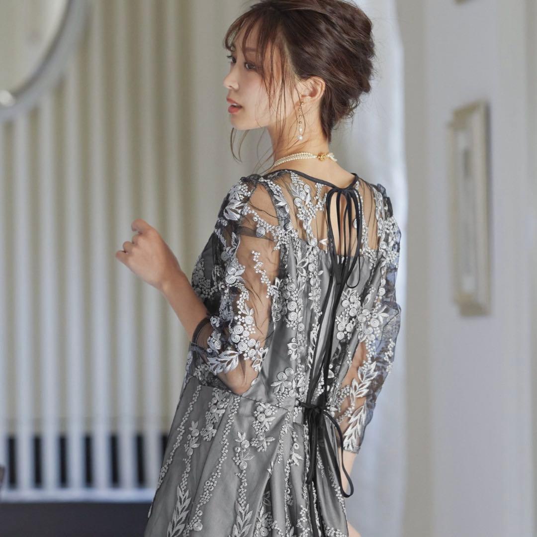 niana ニアナ 刺繍レース バックリボン パーティードレス ブラックM結婚式