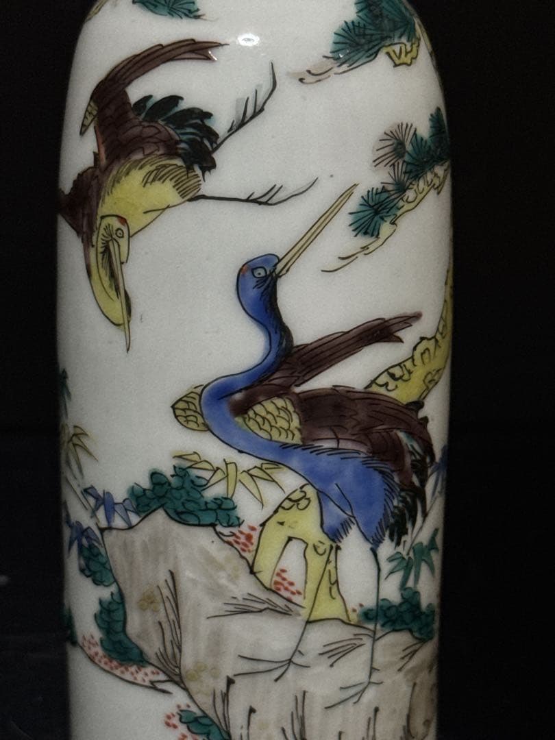 江戸期 湖東焼 彩色寿老人鶴図 徳利 酒器 天保年墨書