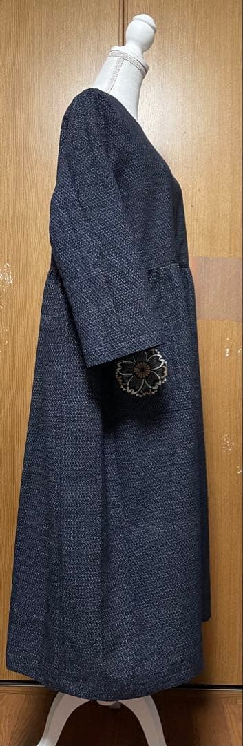 着物リメイク　書生絣のウエストギャザーワンピース