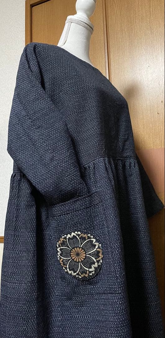 着物リメイク　書生絣のウエストギャザーワンピース