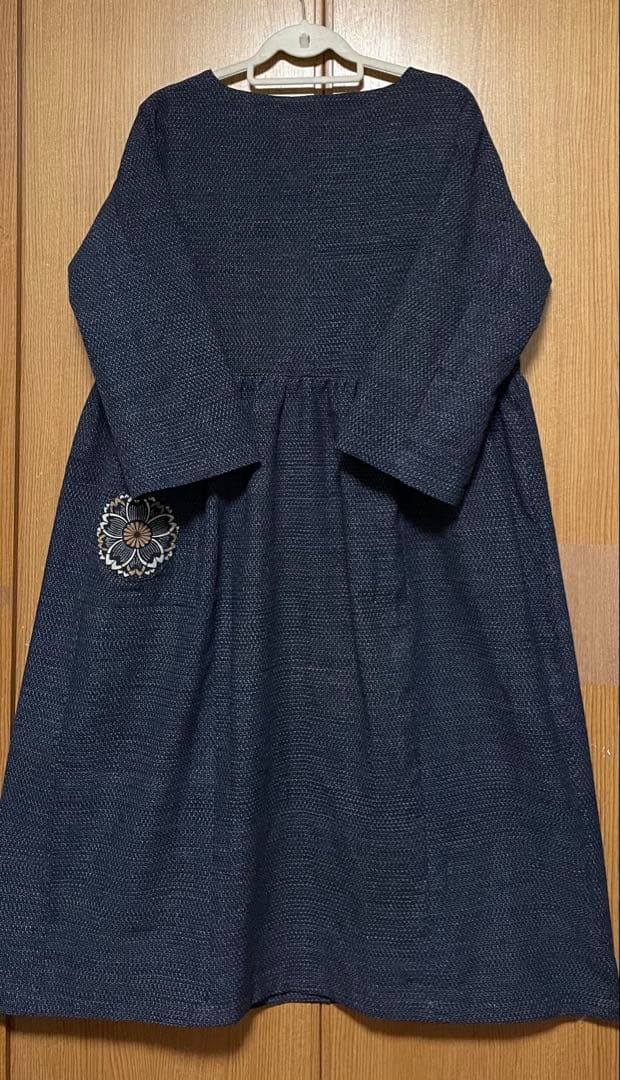 着物リメイク　書生絣のウエストギャザーワンピース