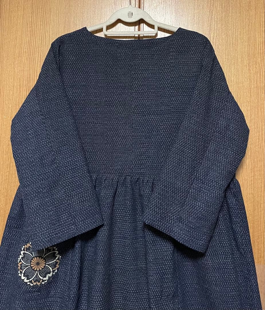 着物リメイク　書生絣のウエストギャザーワンピース