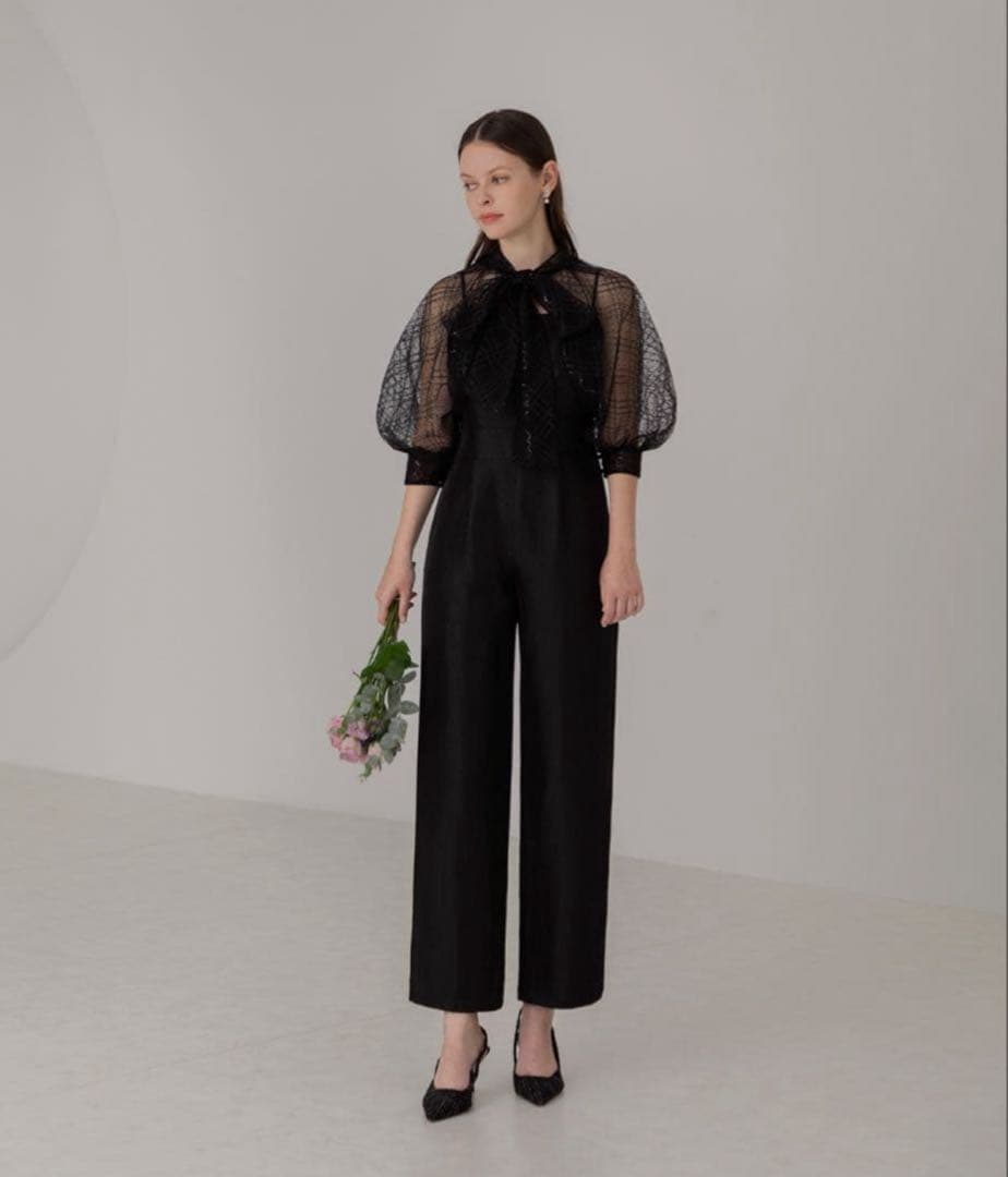 【LEJA】ドット柄スパンコールパフスリーブボレロオールインワンドレス S