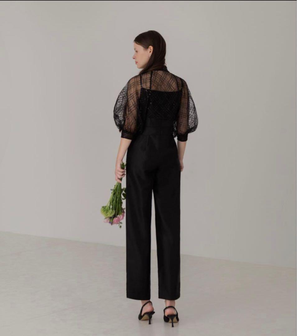 【LEJA】ドット柄スパンコールパフスリーブボレロオールインワンドレス S