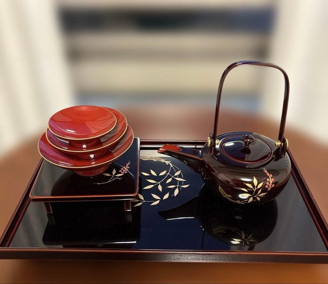 お屠蘇セット 越前漆器　 尺2長角屠蘇器　溜　新丸南天