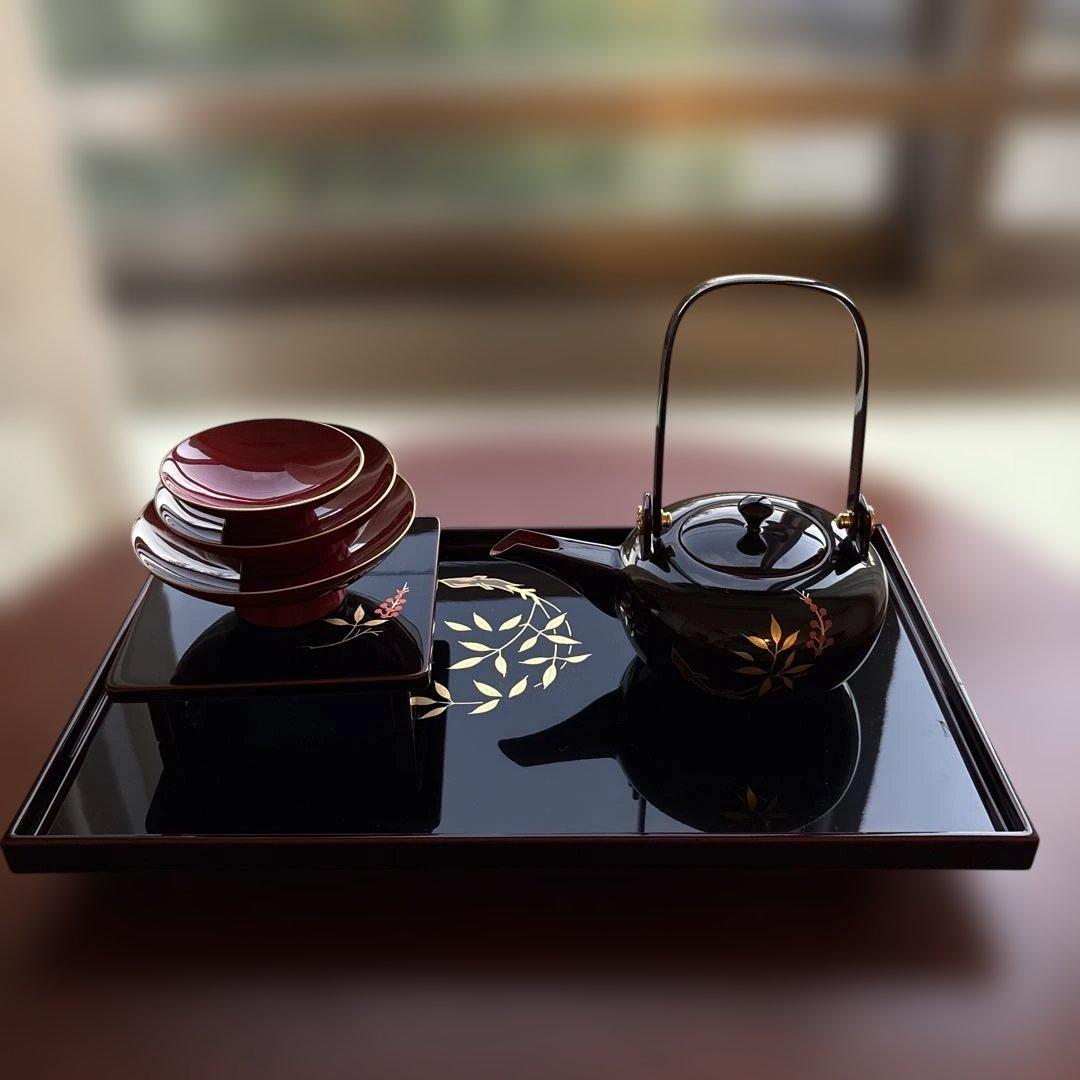 お屠蘇セット 越前漆器　 尺2長角屠蘇器　溜　新丸南天