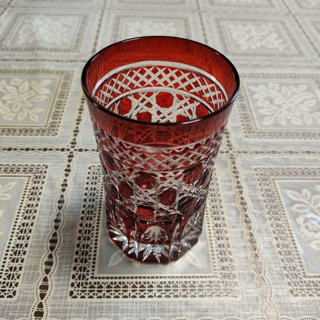 \"未使用\" ヤマザキガラス製　薩摩切子　南蛮赤　矢来　籠目　菊透かし紋様　水割り