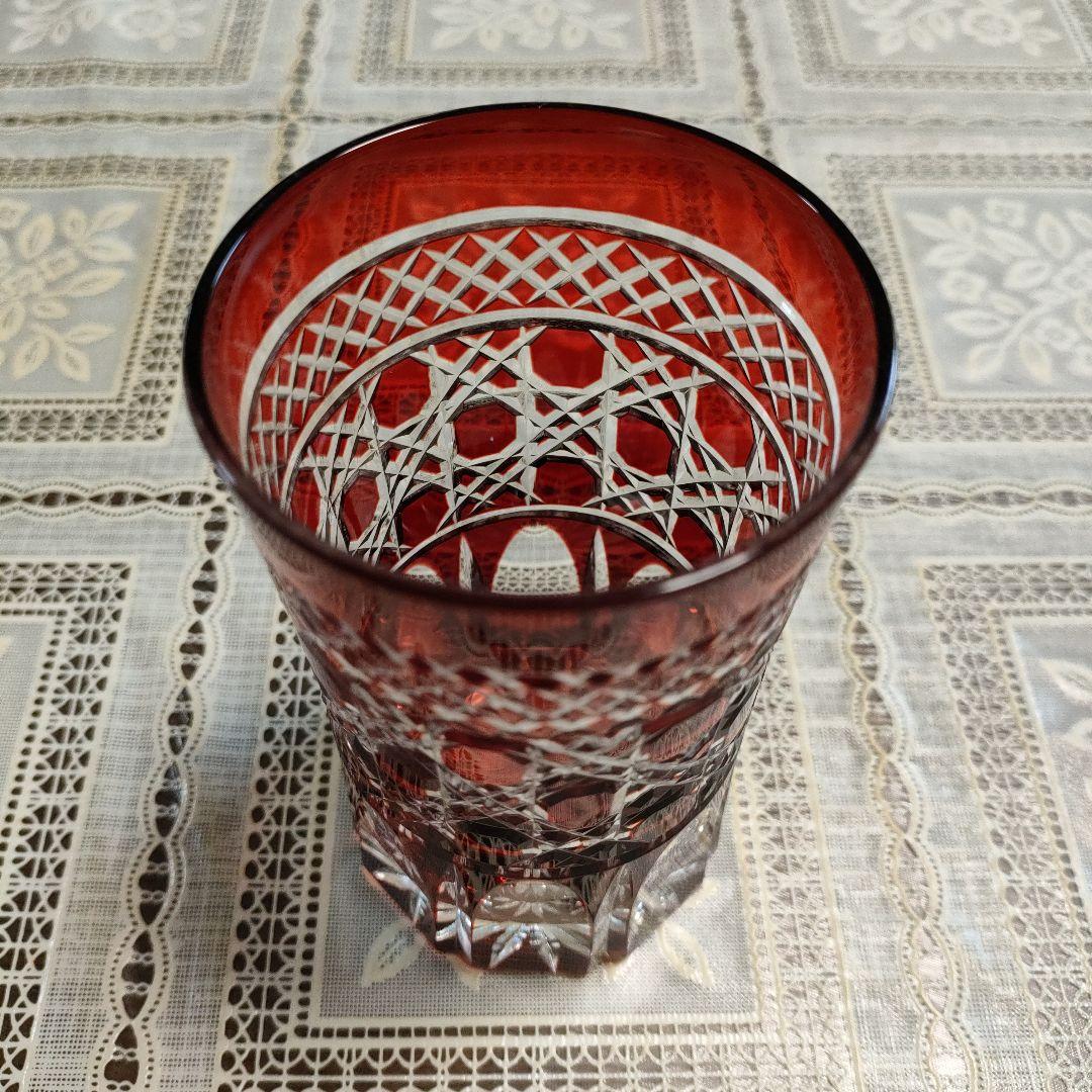 \"未使用\" ヤマザキガラス製　薩摩切子　南蛮赤　矢来　籠目　菊透かし紋様　水割り