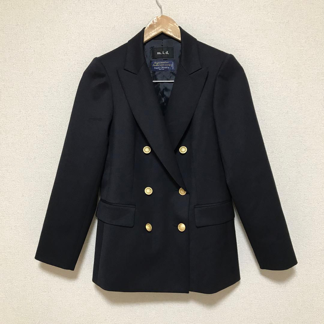 美品　m.i.d エムプルミエ　ピークドラペルメタルボタンダブルジャケット