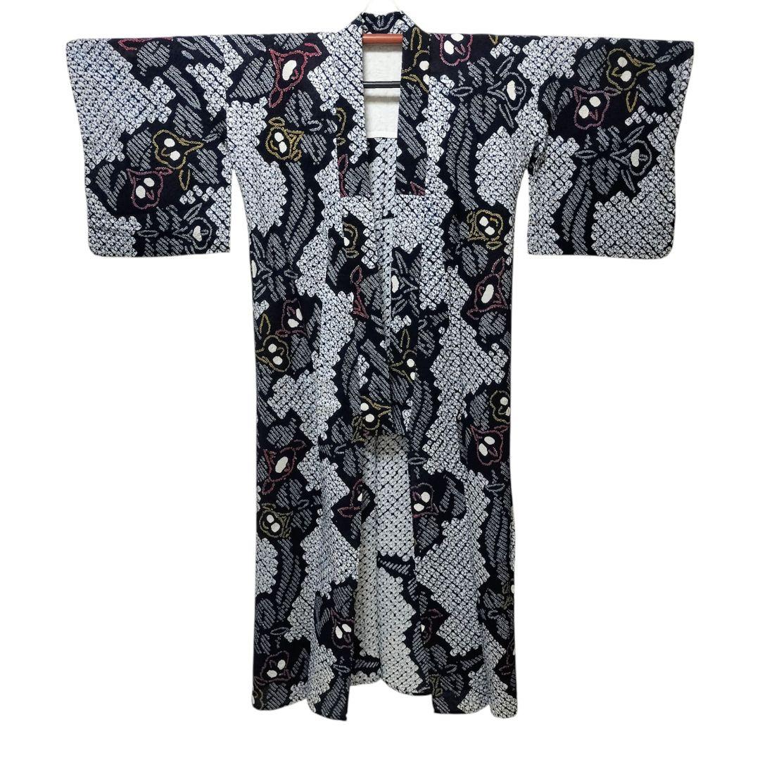 【有松鳴海絞り】浴衣　草花模様　手蜘蛛絞り　藍染　紺 高級　美品 花縞