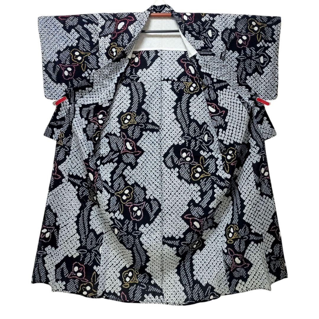 【有松鳴海絞り】浴衣　草花模様　手蜘蛛絞り　藍染　紺 高級　美品 花縞