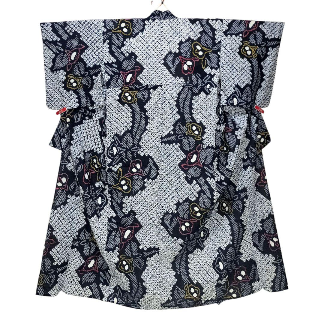 【有松鳴海絞り】浴衣　草花模様　手蜘蛛絞り　藍染　紺 高級　美品 花縞