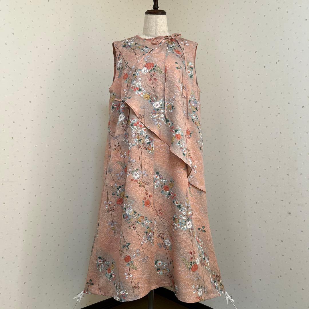 着物リメイク　正絹　手描き辻ヶ花縮緬フラップ付きロングワンピース＊スヌード