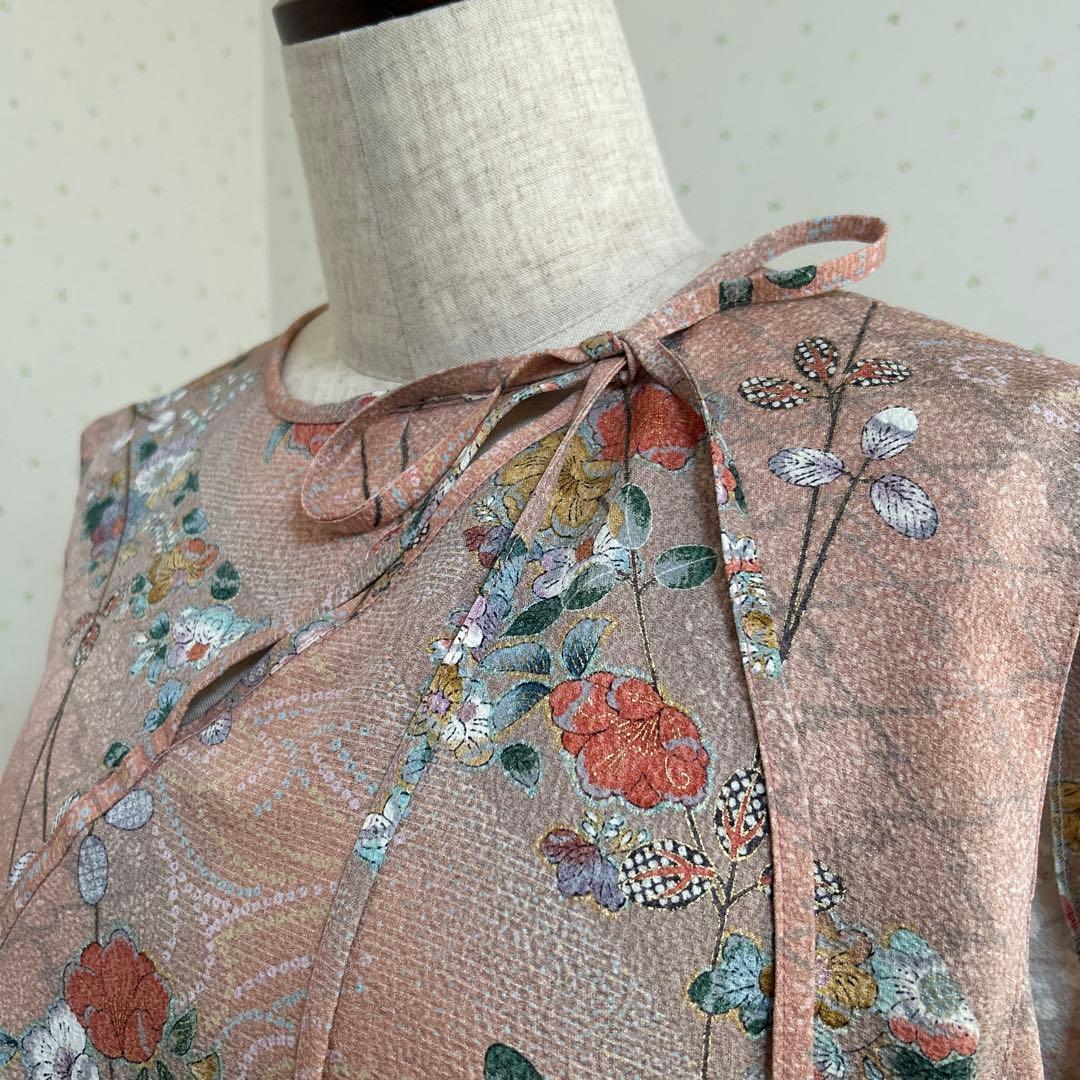 着物リメイク　正絹　手描き辻ヶ花縮緬フラップ付きロングワンピース＊スヌード