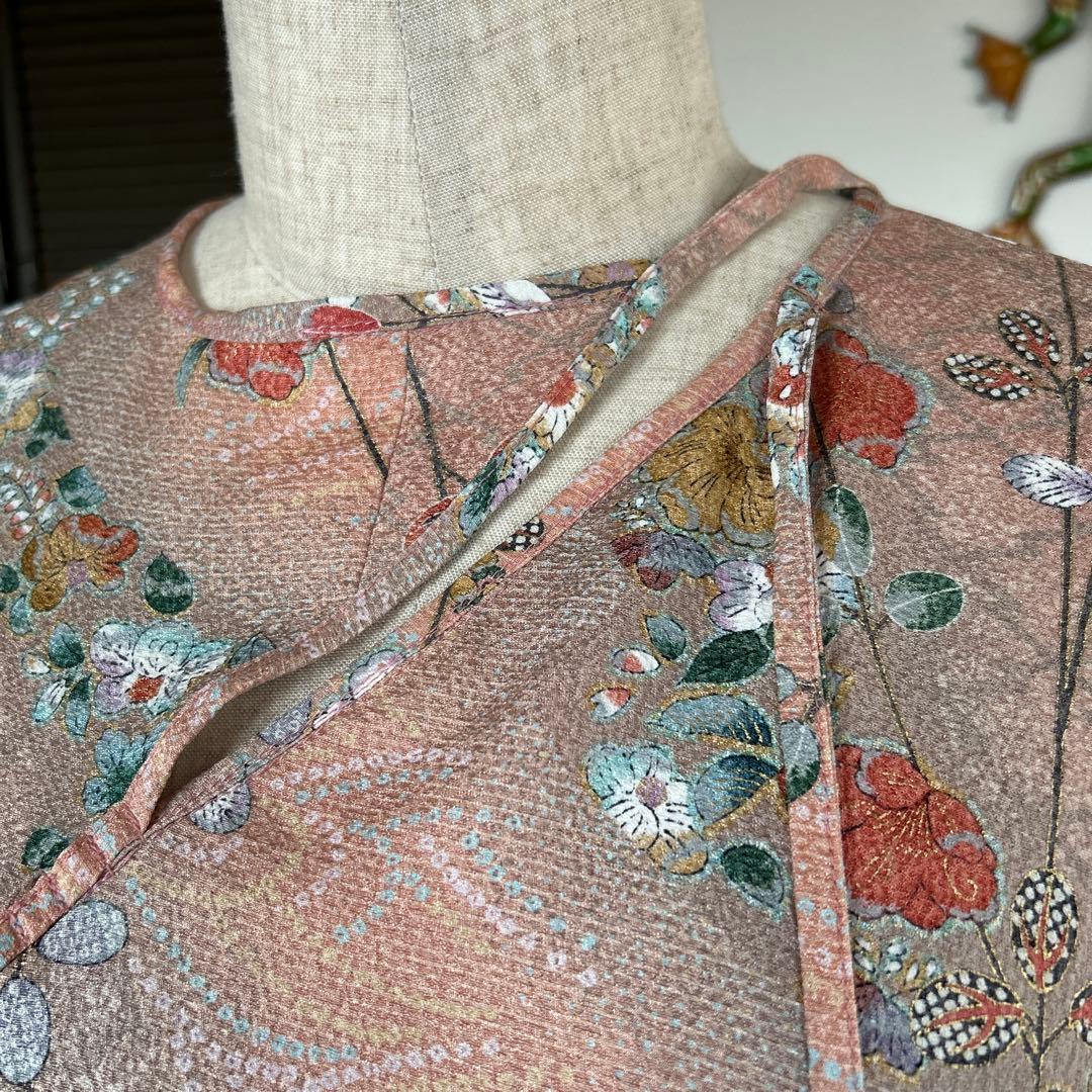 着物リメイク　正絹　手描き辻ヶ花縮緬フラップ付きロングワンピース＊スヌード