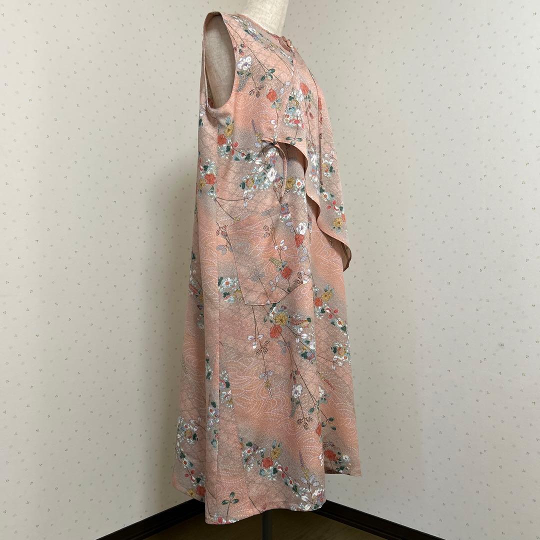 着物リメイク　正絹　手描き辻ヶ花縮緬フラップ付きロングワンピース＊スヌード