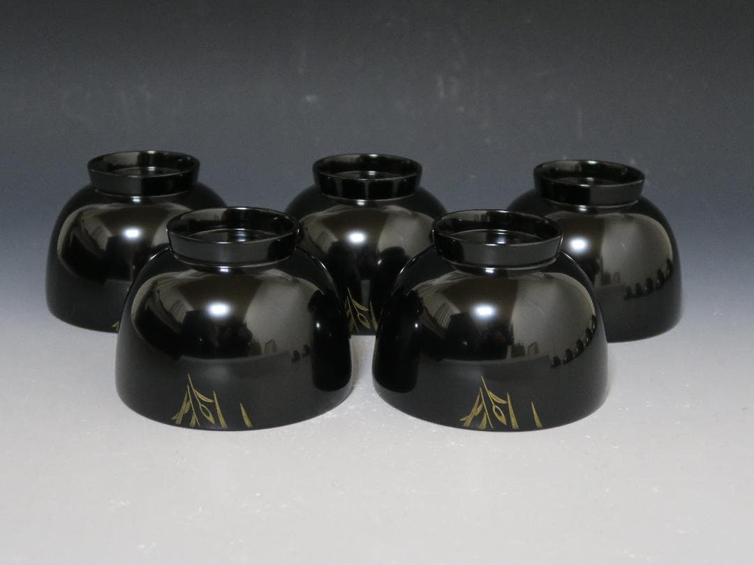 【輪島塗】極美品 秋草沈金 吸物椀 坂本漆器店 黒塗 五客揃 天然木 栞 共箱