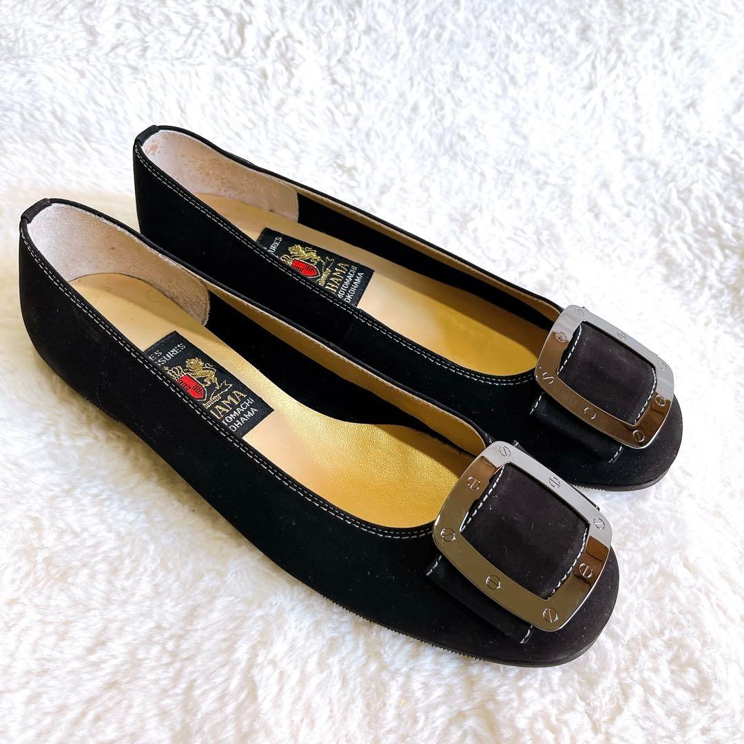 【美品】ミハマMIHAMA スエードブラック フラットシューズ　バックル
