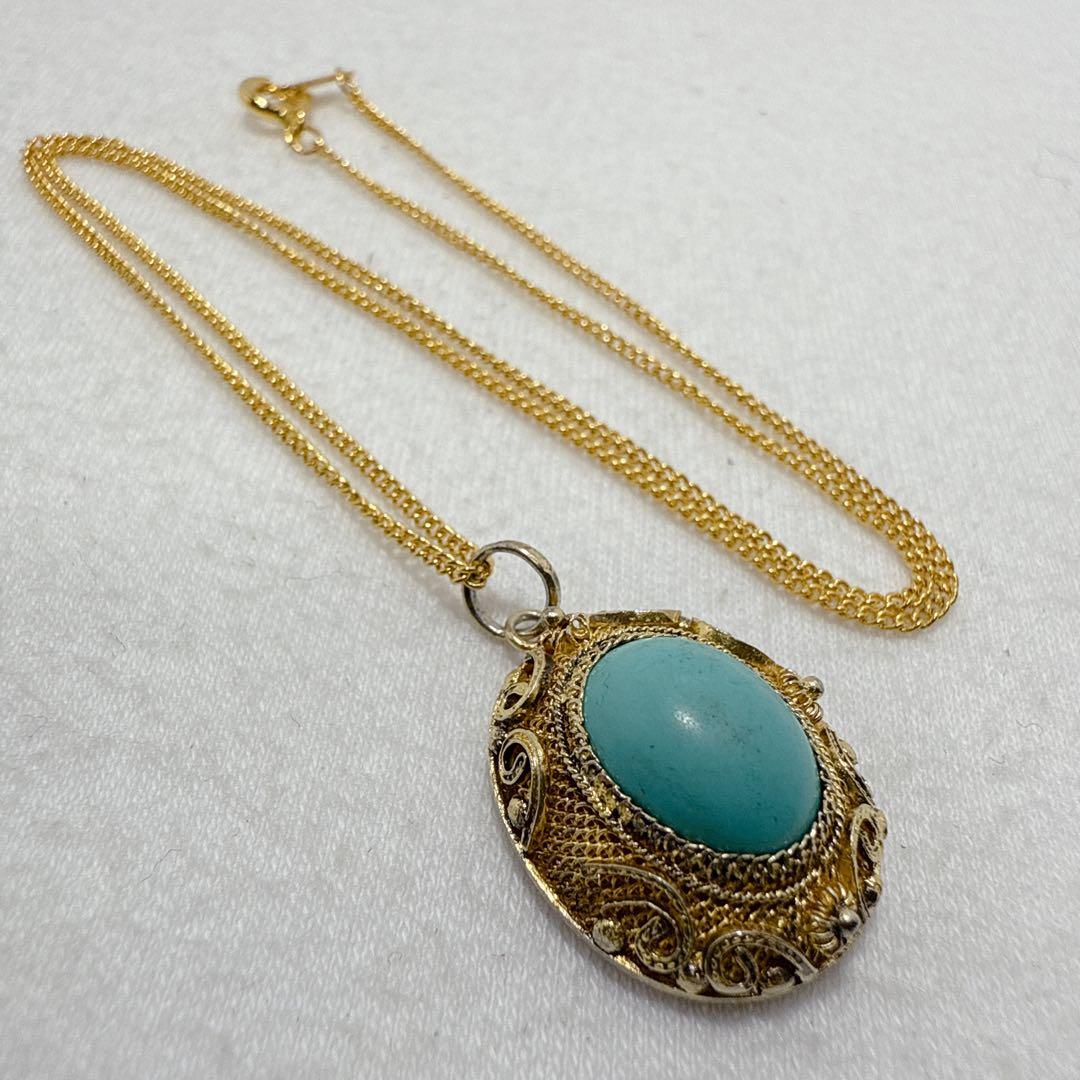 銀線細工 ゴールドカラー SILVER製 青石 ターコイズ？ ネックレス