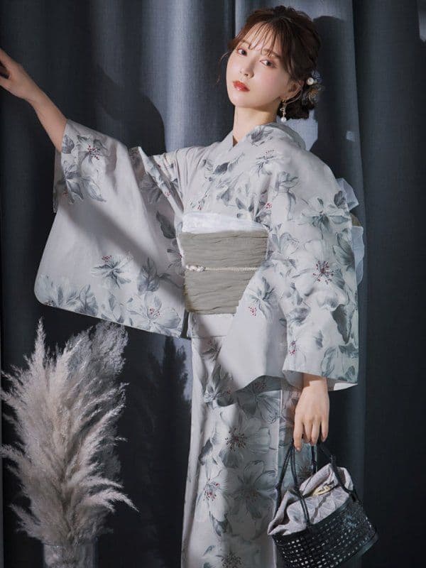 花柄グレー浴衣・帯セット