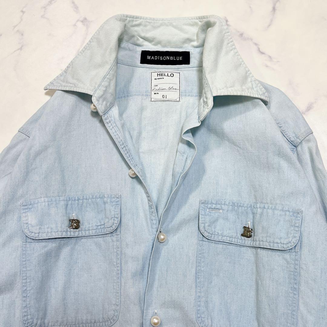 希少✨マディソンブルー パールボタンシャツ Bロゴ刺繍＆ロゴボタン 01
