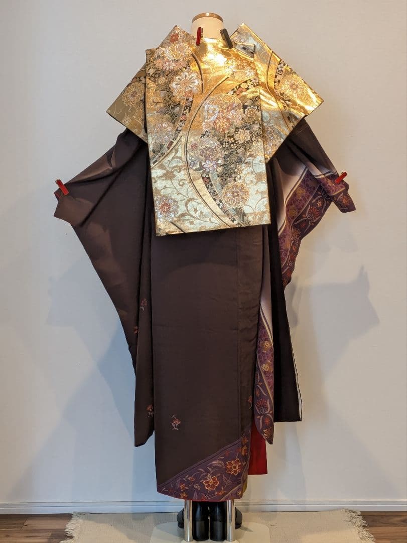 振袖フルセット 身丈168.5裄69.5 更紗 焦げ茶 ブラウン 金彩 成人式