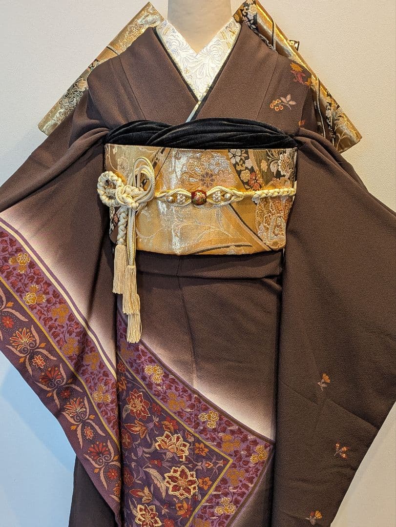 振袖フルセット 身丈168.5裄69.5 更紗 焦げ茶 ブラウン 金彩 成人式