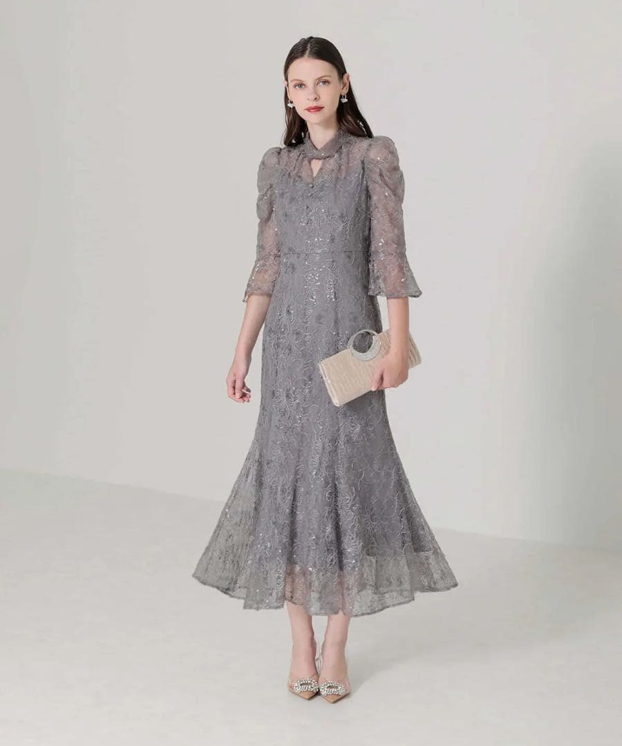 LEJA スパンコール花柄刺繍ソフトパフスリーブマーメイドラインドレスワンピース