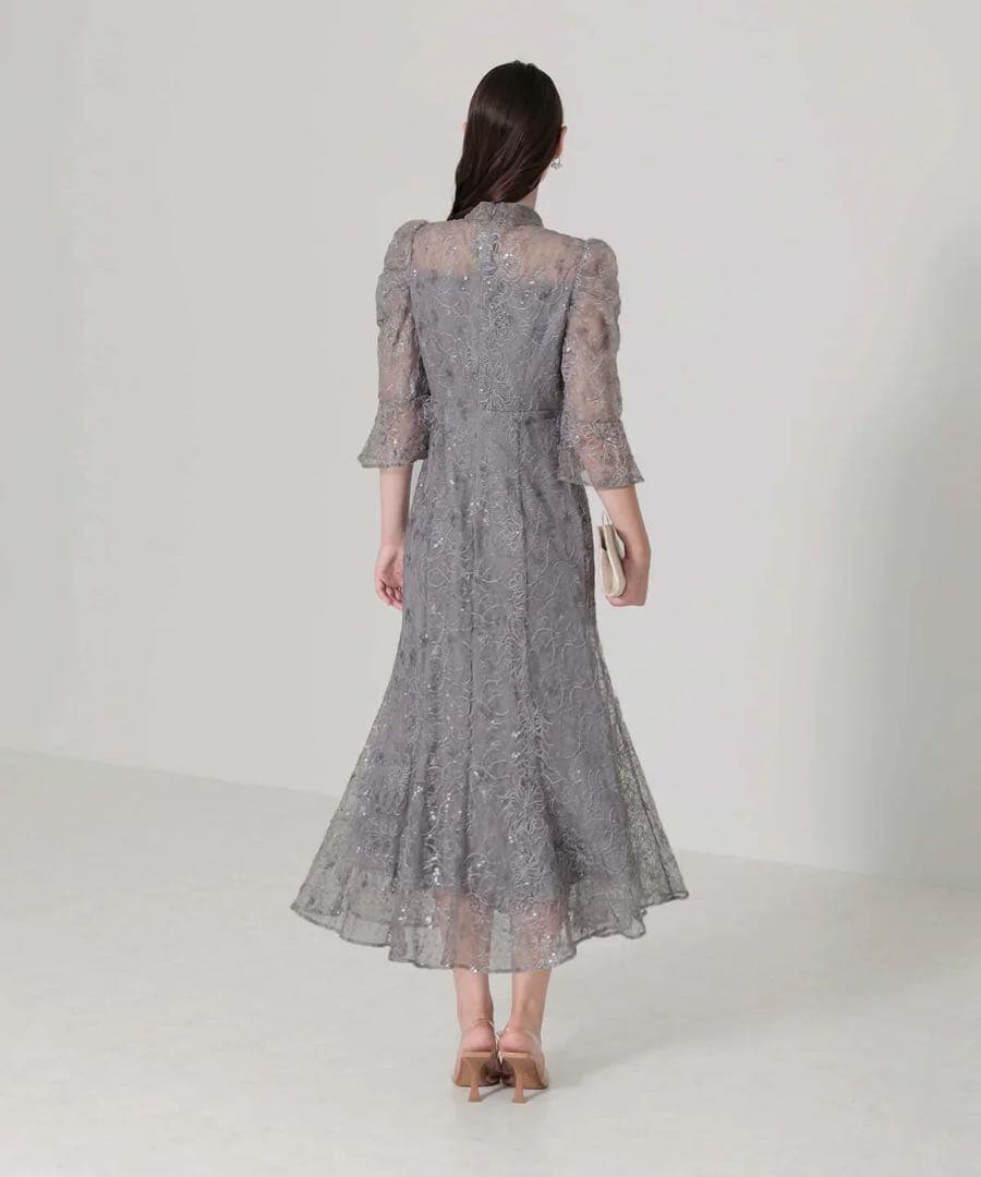 LEJA スパンコール花柄刺繍ソフトパフスリーブマーメイドラインドレスワンピース