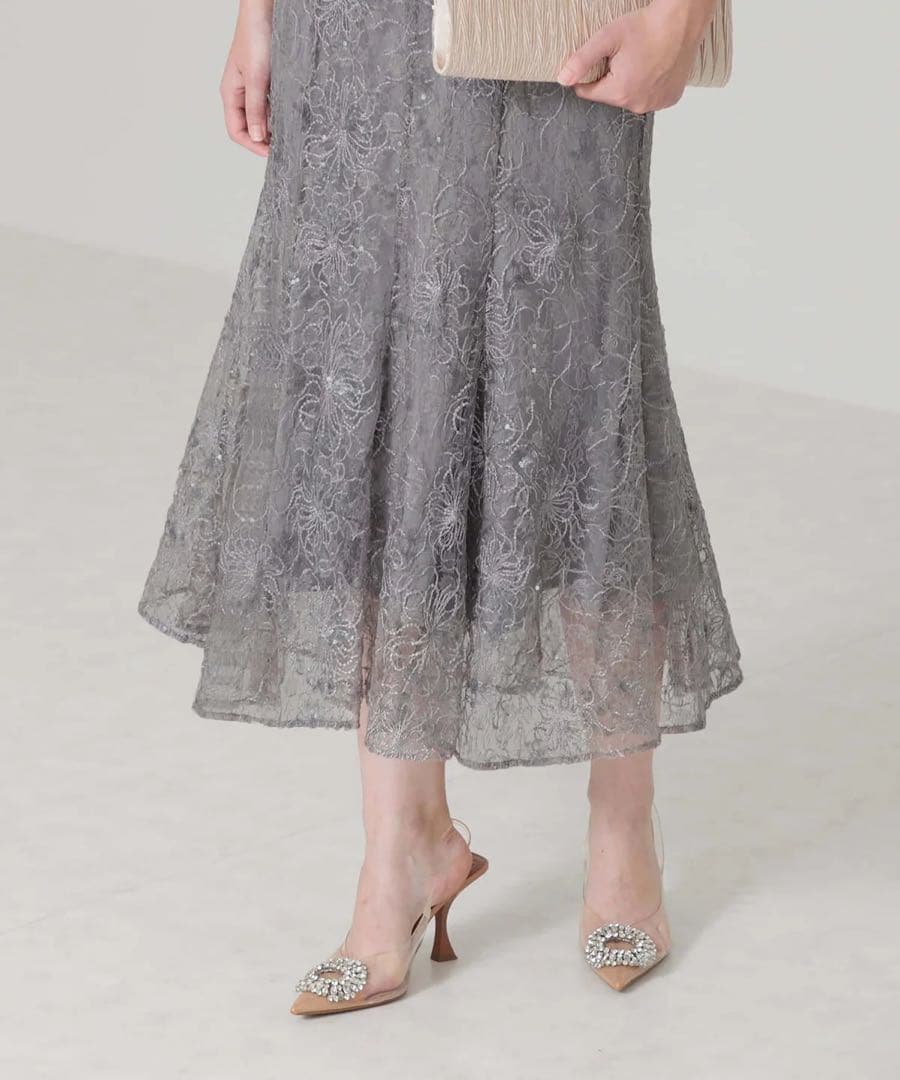 LEJA スパンコール花柄刺繍ソフトパフスリーブマーメイドラインドレスワンピース