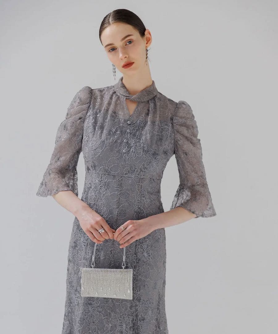 LEJA スパンコール花柄刺繍ソフトパフスリーブマーメイドラインドレスワンピース