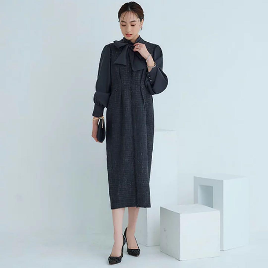 RUIRUE BOUTIQUE ミックスツイードコンビ・ロングナローワンピースM