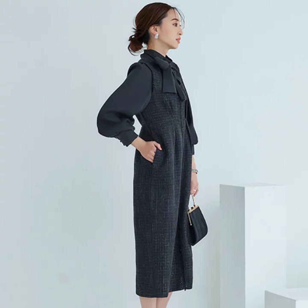 RUIRUE BOUTIQUE ミックスツイードコンビ・ロングナローワンピースM