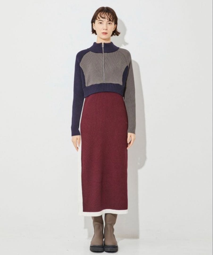 【新品タグ付き】A+TOKYO ハーフジップカラーブロックニットワンピース