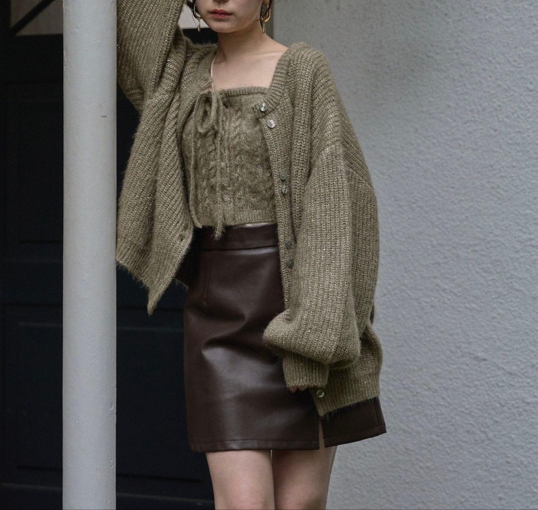 mideal スパンコールニットアンサンブル オリーブ