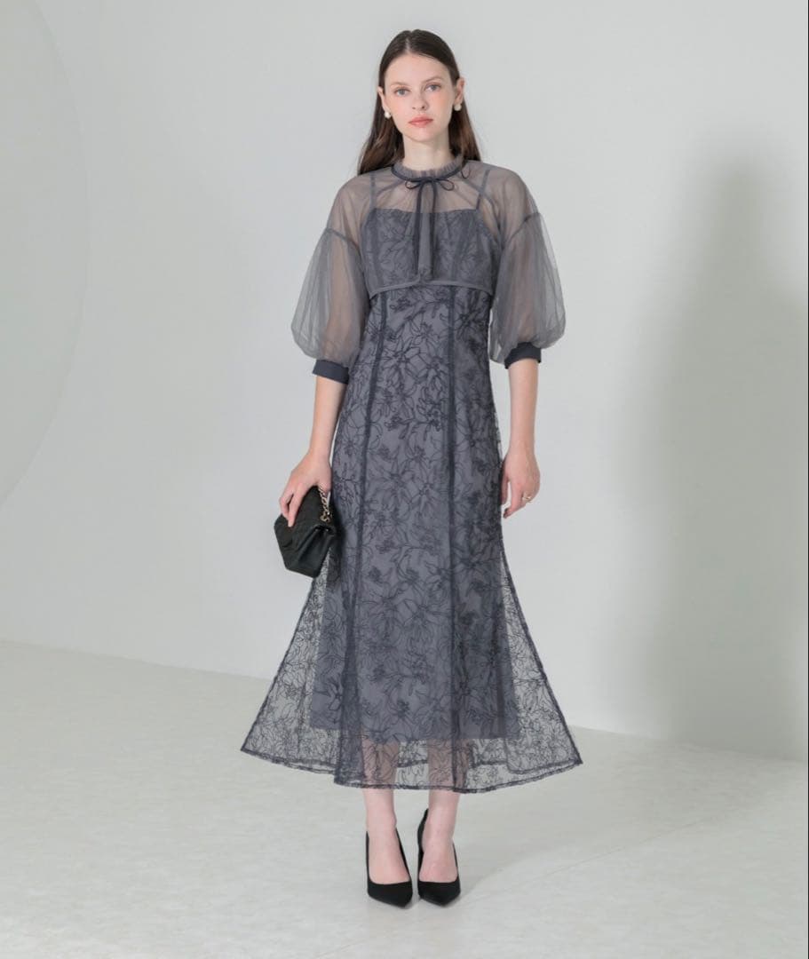 Leja パフスリーブシアーボレロ刺繍レースマーメイドシルエットキャミワンピース