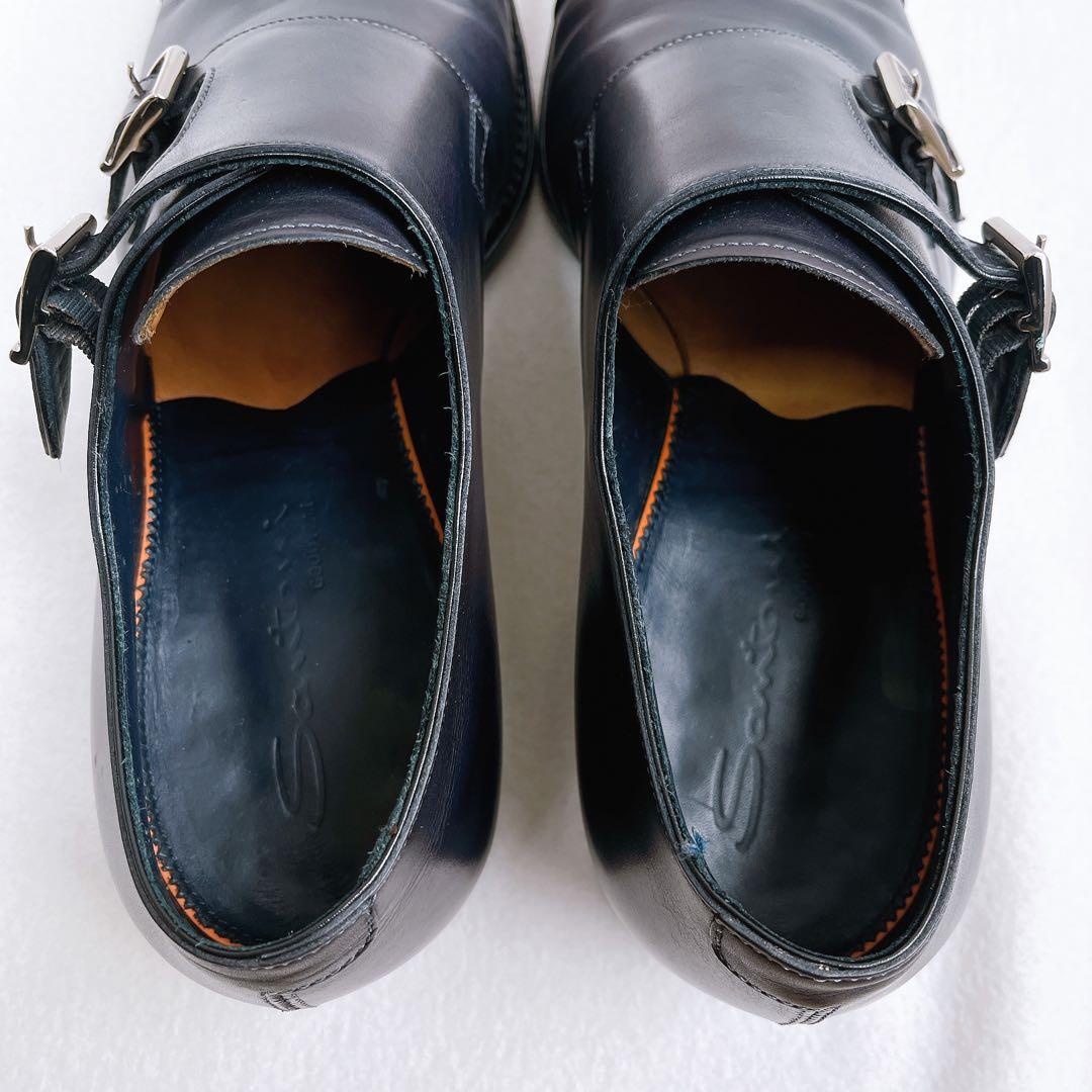 極美品 サントーニ ダブルモンクストラップ レザー 革靴 黒 ストレートチップ