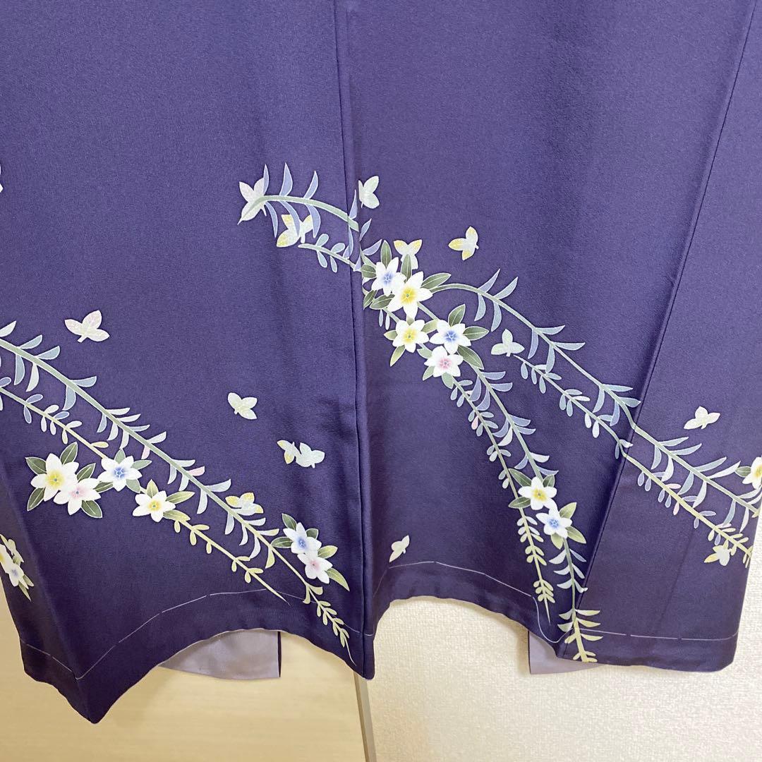 訪問着 花柄 加賀友禅　紫　落款　証紙　しつけ糸付き未使用美品　蝶々　袷　正絹