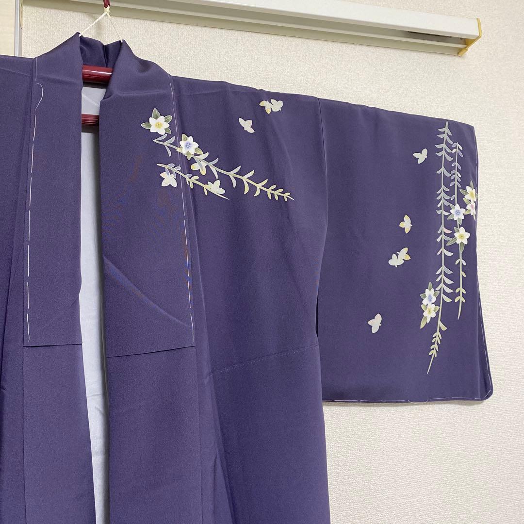 訪問着 花柄 加賀友禅　紫　落款　証紙　しつけ糸付き未使用美品　蝶々　袷　正絹