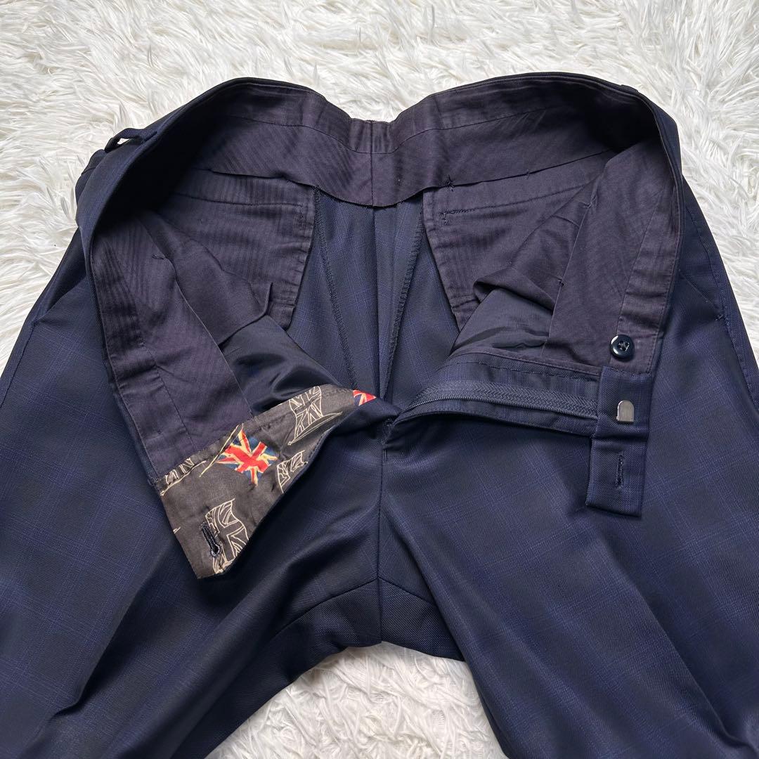 現行 極美品 ポールスミス 国旗柄 光沢 チェック 高級レダ ネイビー L 総裏