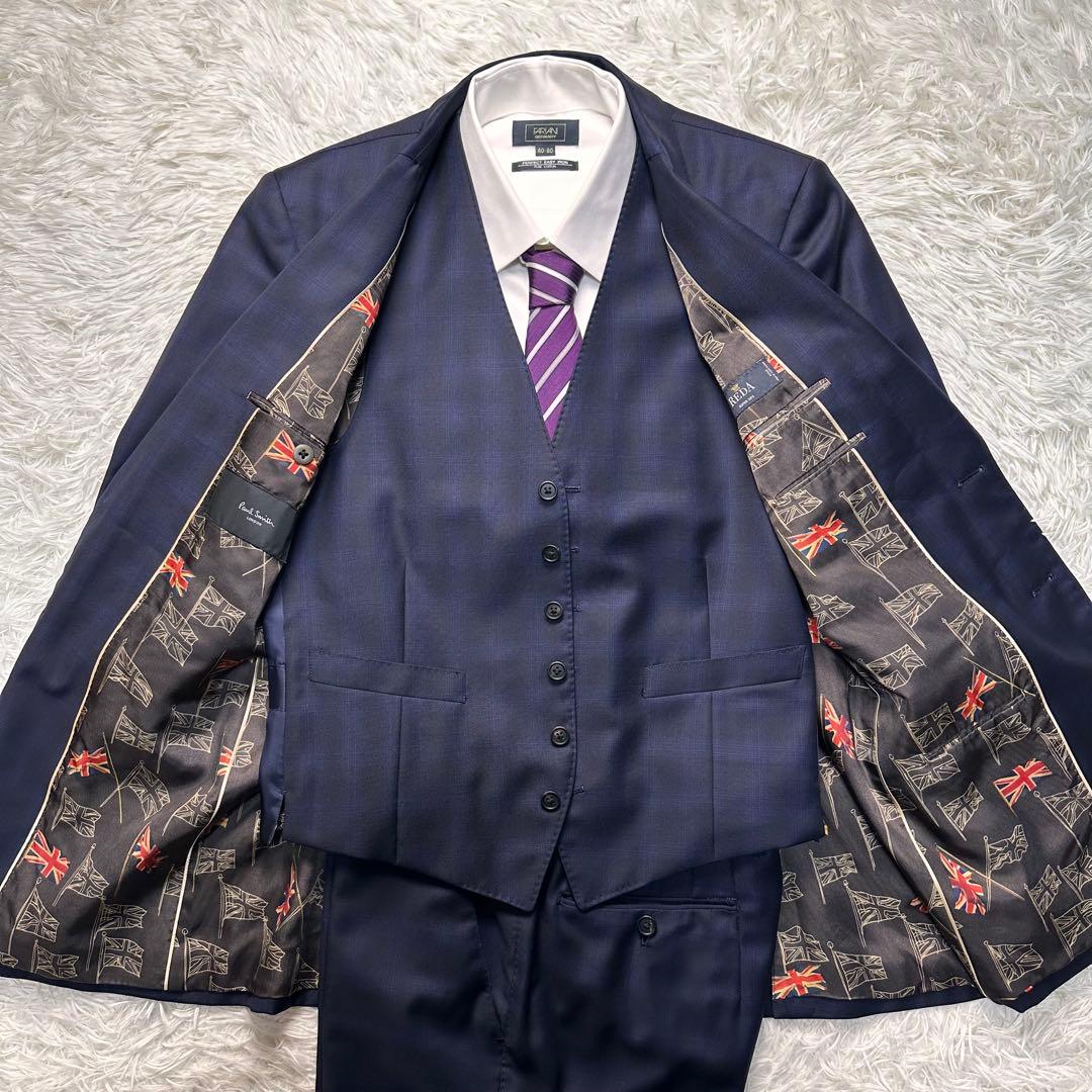 現行 極美品 ポールスミス 国旗柄 光沢 チェック 高級レダ ネイビー L 総裏