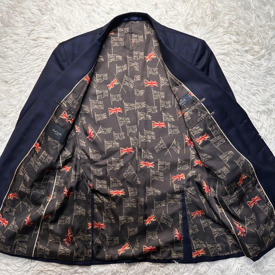 現行 極美品 ポールスミス 国旗柄 光沢 チェック 高級レダ ネイビー L 総裏