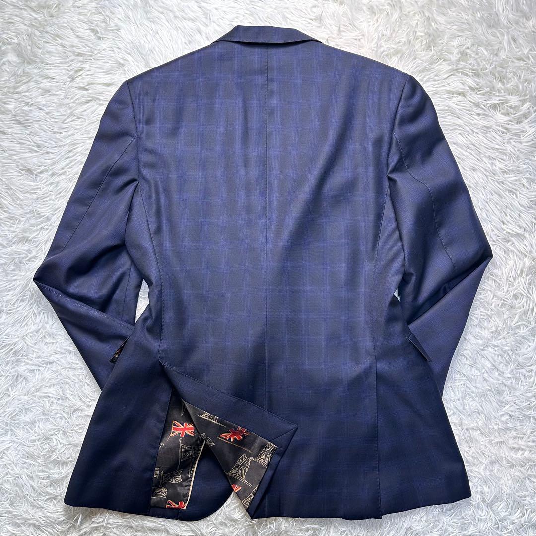現行 極美品 ポールスミス 国旗柄 光沢 チェック 高級レダ ネイビー L 総裏
