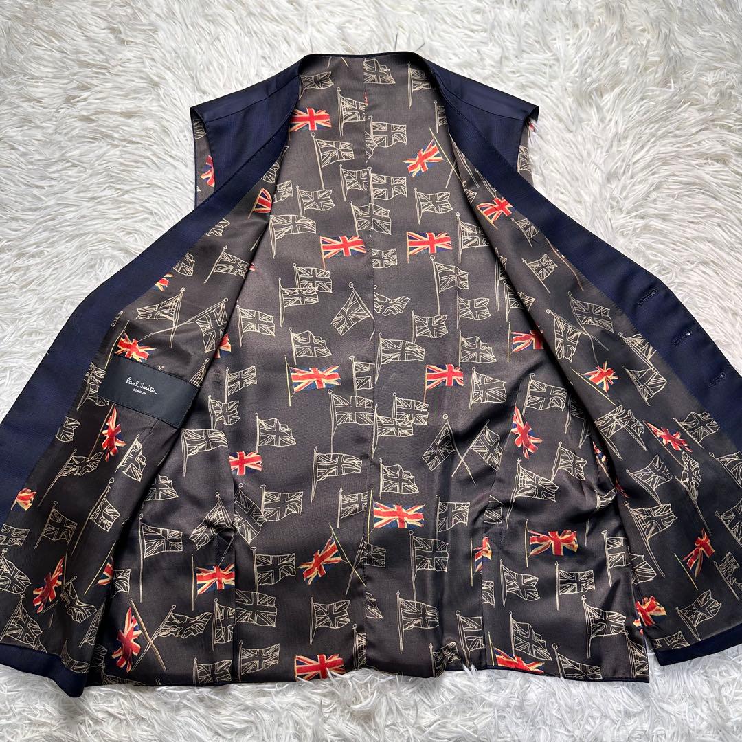 現行 極美品 ポールスミス 国旗柄 光沢 チェック 高級レダ ネイビー L 総裏