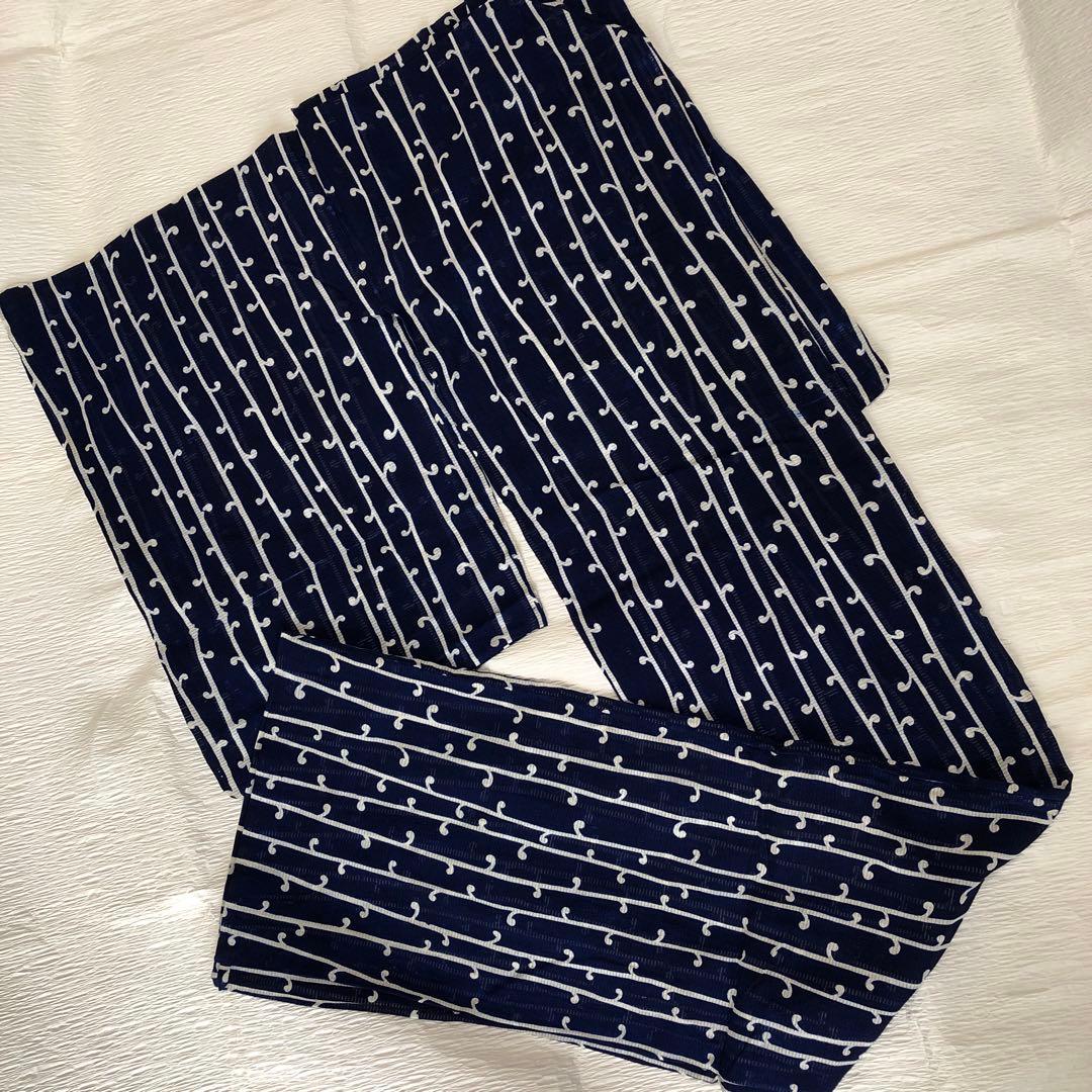 綿絽　浴衣　着物　紺色　縞模様　レトロ　ヴィンテージ　身丈約148.5 cm