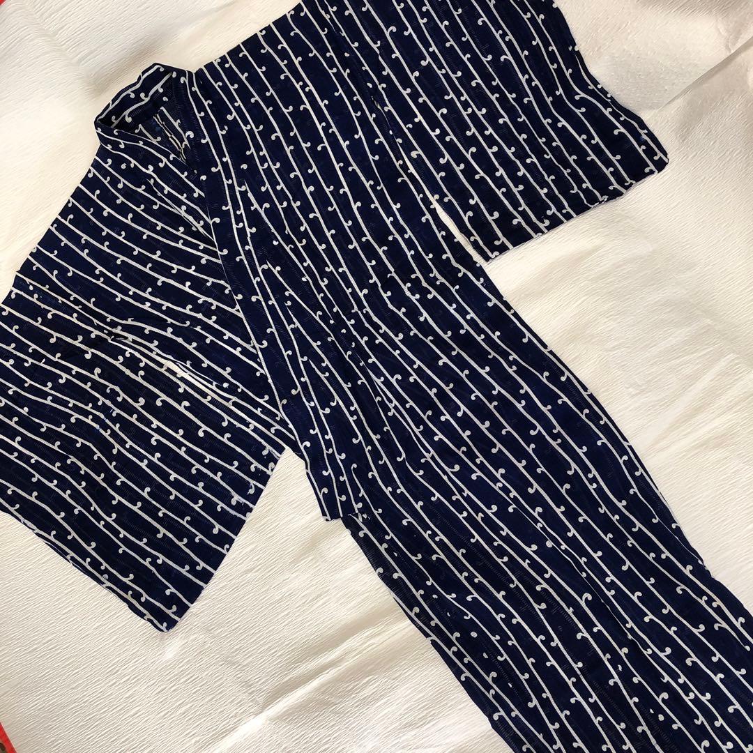 綿絽　浴衣　着物　紺色　縞模様　レトロ　ヴィンテージ　身丈約148.5 cm